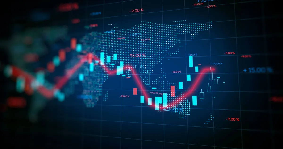 A stock market chart over a map.