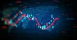A stock market chart over a map.